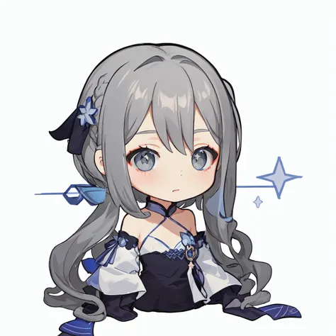 masterpiece, best quality, <lora:paimonsPaintingsStyle_gstamp02000008:0.8>, simple background, white background, chibi, bust chart, <lora:guizhongGenshinImpact_guizhongv1:0.6>, default_dress, starry sky print, criss-cross halter, halterneck, wide sleeves, sleeves over wrists, 1girl, guizhong, grey hair, hair ornament, long hair, bare shoulders, grey eyes, bangs