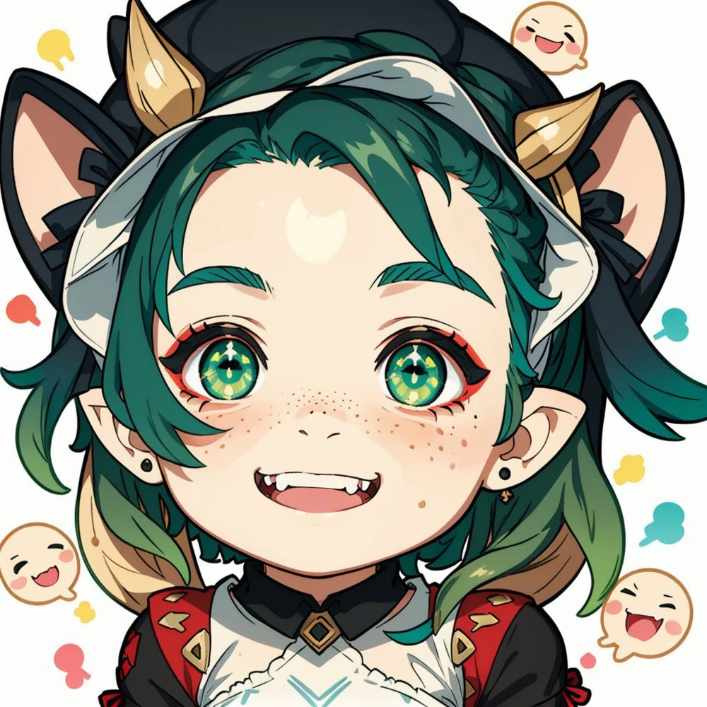 <lora:gstamp_02-000008:0.8>, (chibi), (big head, close-up face), (upper body), simple background, white background, emoji, emotion, pointy ears, long black hair, green eyes, freckles,, cute,white dress, fangs, happiness, smiling, sly smile, sly face