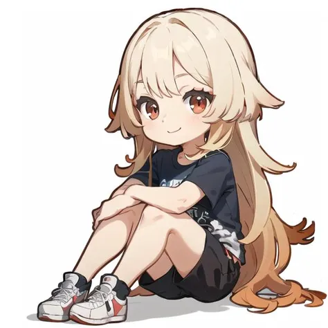blonde hair, (red eyes), t-shirt,  smile, 1girl, long hair, short sleeves, shorts, cute, (white background),sitting, long hair, <lora:gstamp_02:0.8>, white background, simple background, thick outline