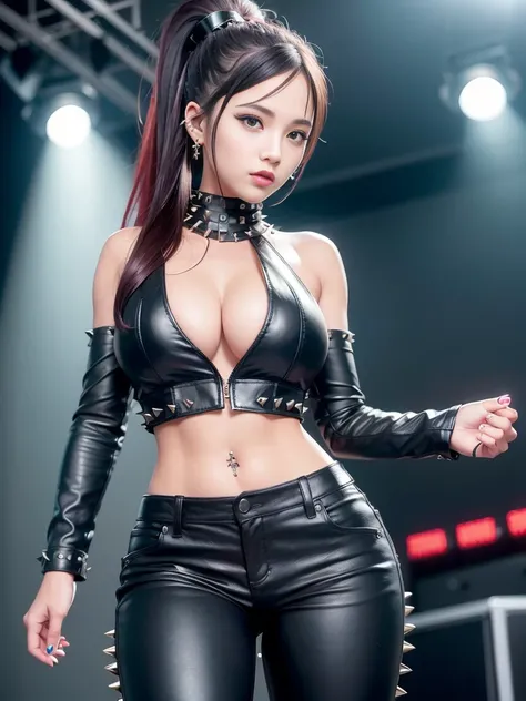 (RAW photo:1.2),(photorealistic:1.4),(masterpiece:1.3),(best quality:1.4),ultra high res, hi contrast, sharp shadow, dark environment, dark scene, backlight, blue lighting from back. HDR,8k resolution, dreamlike, solo focus, scenery,((no text)), (detailed eyes),(detailed facial features), (detailed clothes features), skin tight, (shiny skin),(slender girl),(slim girl), (1girl,solo), view from bottom, full body, <lora:virtualgirlRiz_v10:0.3>, VirtualGirl-Riz, (heavy make up:1.5), tall, shouting, confident, high toed, high spirited, cool, big breasts, (long hair, curly hair, ponytail, red hair, blue highlights), green eyes, earrings, sunglasses, (tatoo:1.2),abdominal muscle, (top hat), vest, bra top, (black faux leather heavy metal spiked pants:1.4), (guitar:1.3), (music concert stage:1.3), (Tyndall effecfs:1.3)