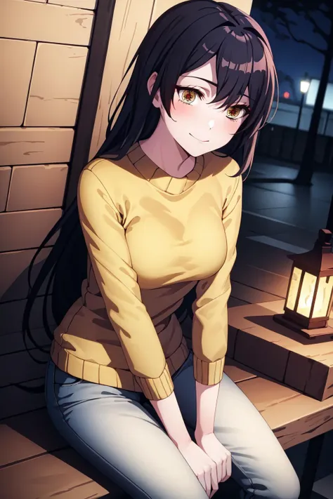 masterpiece, best quality, ((DakiEyesV4)), 1girl, solo, sitting, slight smile, black hair, long hair, night, city alley, <lora:DakiEyesV4-15:1>