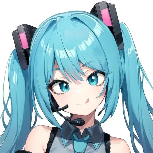 <lyco:Cross-eyed-08:0.7> Cross-eyed, 1girl, solo, long hair, looking at viewer, smile, simple background, shirt, hair ornament, white background, bare shoulders, twintails, upper body, detached sleeves, necktie, sleeveless, tongue, tongue out, aqua eyes, sleeveless shirt, aqua hair, tattoo, headphones, grey shirt, headset, :q, black sleeves, shoulder tattoo, aqua necktie