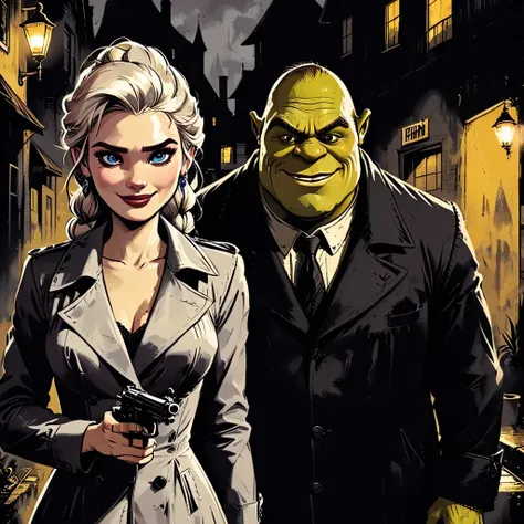 Frozen  (Elsa:1.3) in a small cocktail dress and  (bald  Shrek huge ogre  :1.3) in a  trench coat, ( pistol in hand:1.3), (gun in hand:1.2), (smug smirk  :1.2), (smiling grin face:1.1), on a dark backstreet , sin city aesthetic,  (film noir:0.8), pulp fiction comic style   <lora:Dark_Novel:0.8> Dark Novel