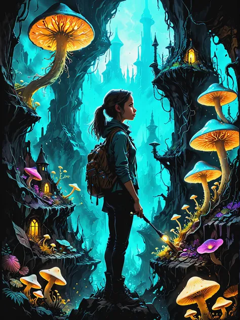 Astrobiologist researching extremophile life forms in Underground city with luminescent fungi, ultra-fine digital painting, <lora:xl_more_art-full_v1:0.3>, <lora:Dark_Novel:0.7>, <lora:fracolor:0.7> fracolor