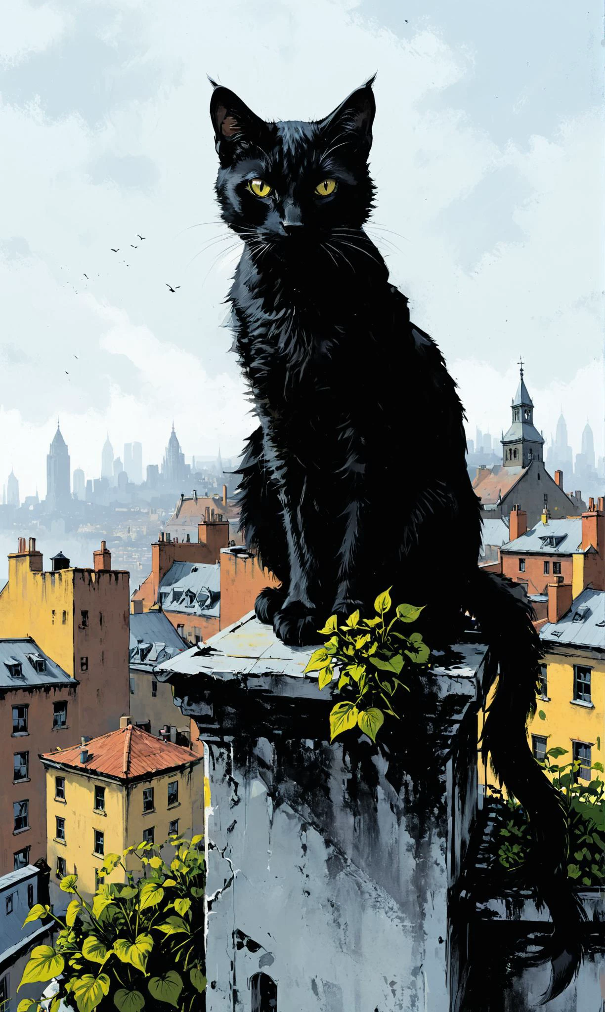a Feline-inspired rogue with stealthy, silent movements at a Rooftop garden overlooking the city, ultra-fine digital painting, <lora:xl_more_art-full_v1:0.3>, <lora:Dark_Novel:0.7>, <lora:pastel_colors_xl_v3:0.7> <lora:gildedvictoriansxl_v1:0.4> victorianstyle