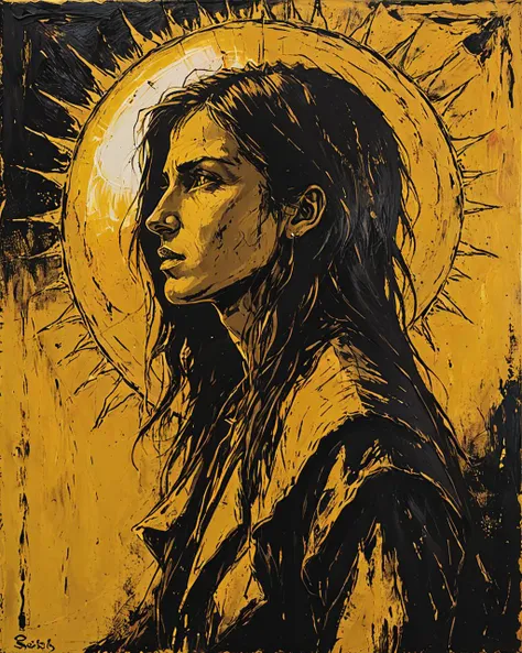 Oil painting, profile of a Bosnian The Sun, it is Visionary and Narrow, Hopeless, Neo-Primitivism, painterly, monochromatic, <lora:Dark_Novel:0.7>