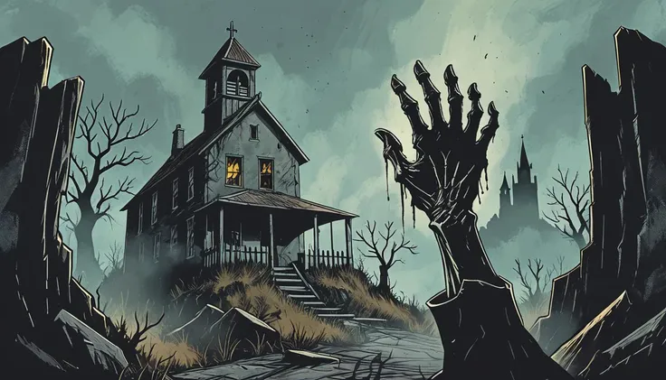 zombie hand coming out from the terrain in a graveyard <lora:Dark_Novel:0.7>