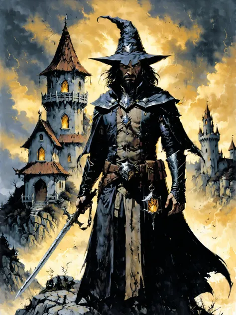<lora:xl_more_art-full-xl:0.6> <lora:add-detail-xl:2.4> <lora:style-dark_novel-xl-by_andreac75:0.8> famous artwork by (gerald brom:1.2), in a faraway land of wonder lived (a mage:1.4), he challenged someone to a duel of wits, but his opponent didn't want to fight an unarmed man, he was proof that even gods make mistakes, it is said that opposites attract, which would mean he would one day be with someone intelligent, beautiful and well-mannered, dark wizard tower in the background