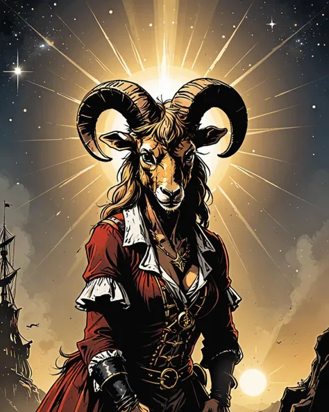 Vector Art, Aries constellation, in a Pirate setting, shallow depth of field, Sun Rays, "How do I love thee? Let me count the ways.", gritty, <lora:Dark_Novel:0.7>