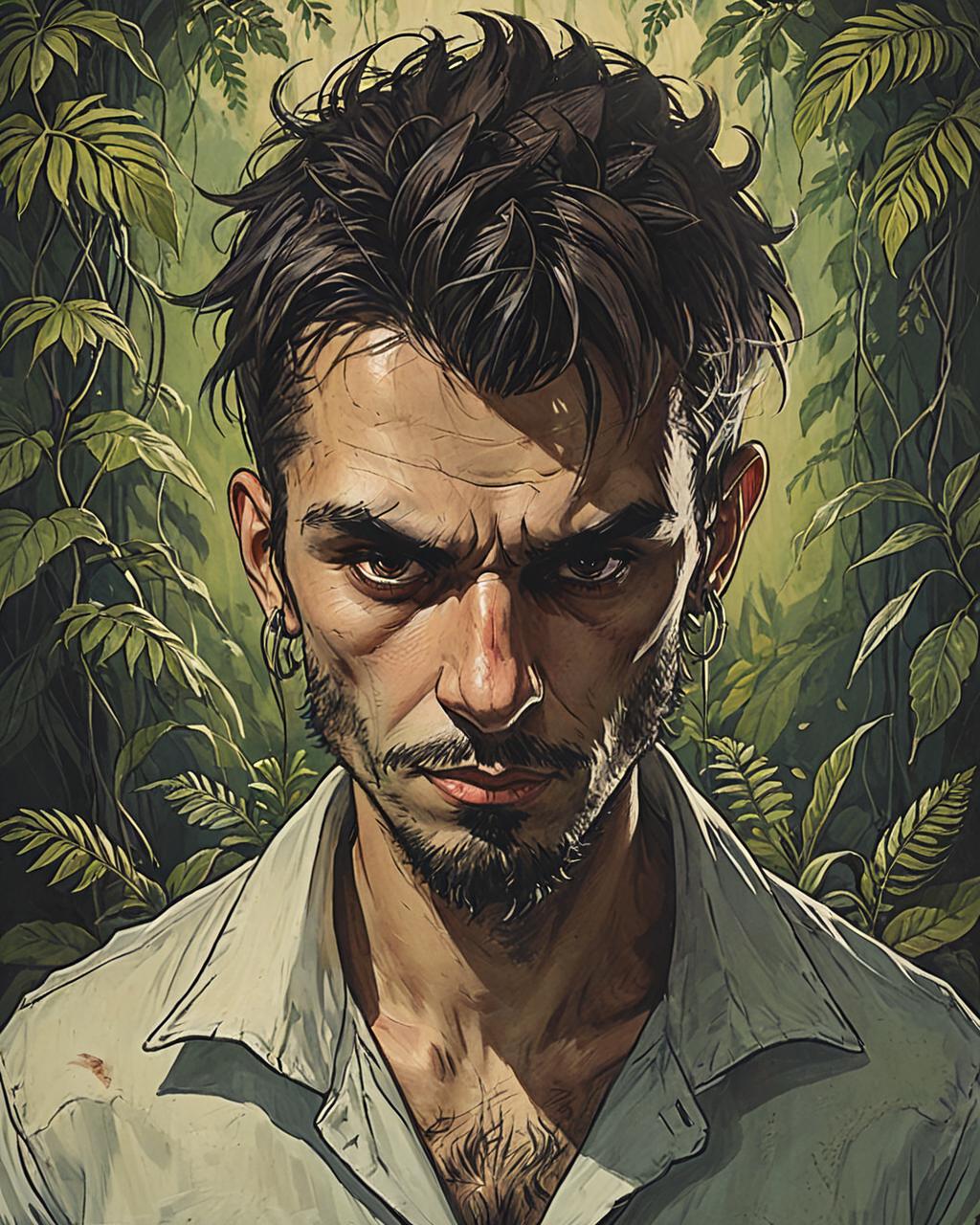 Arafed man with a beard and a shirt on in front of a jungle - SeaArt AI