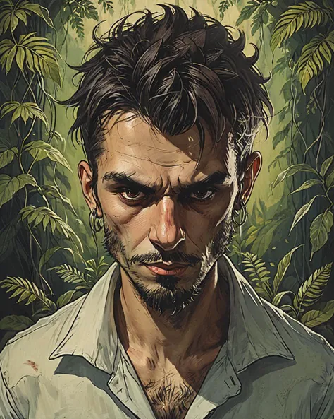 Portrait, top-down view of a Unattractive Flirty Male Ghost, he has Hungarian hair styled as Curtain bangs, Pots with plants background, Punk Art, 80mm, <lora:Dark_Novel:0.7>