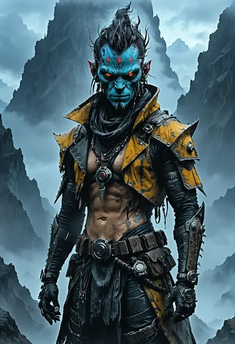 <lora:evil_villain:1> evil villain Cyberpunk nomad with adaptive chameleon skin, <lora:EnvyCreativeOutfitXL01:1>, Mountain summit shrouded in mist in the background, <lora:xl_more_art-full_v1:0.4>, <lora:MJ52:0.4>, bioluminiscent, <lora:Dark_Novel:0.7>, <lora:saturated_colors:0.8> saturated colors, sharp focus, highly detailed