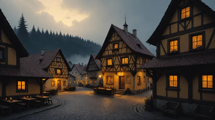 A Bavarian village with timber-framed houses, where the scent of freshly baked pretzels fills the air,, moody lighting,, 8K, shallow depth of field, moody atmosphere, concept art, cinematic lighting, illustrated by Greg rutkowski, arrison ford, 1 13 10 7 <lora:add-detail-xl:0.8> <lora:pastel_colors_xl_v3:0.7> <lora:Dark_Novel:0.7>