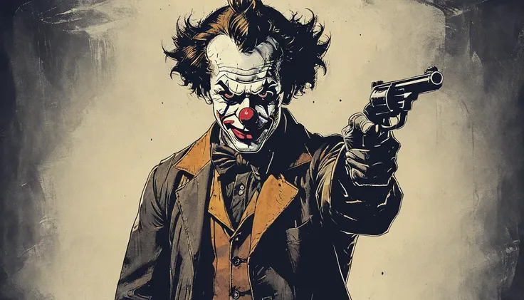 a clown pointing a gun to the camera <lora:Dark_Novel:0.7>