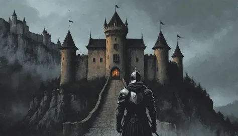 a dasrk knight in front of a castle <lora:Dark_Novel:0.7>