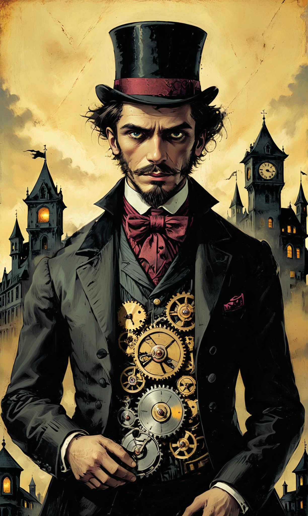a Clockwork automaton in tailored Victorian attire at a Clockwork cityscape with gears integrated seamlessly, ultra-fine digital painting, <lora:xl_more_art-full_v1:0.3>, <lora:Dark_Novel:0.7>, <lora:EnvyFeverDreamXL01a:0.7> <lora:gildedvictoriansxl_v1:0.4> victorianstyle