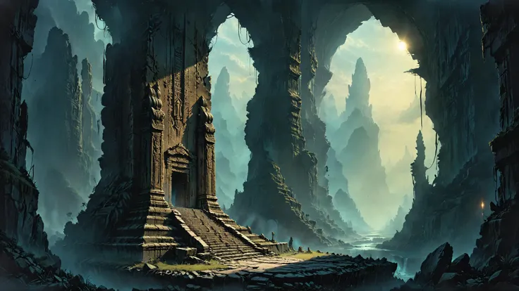 The ruins of an alien civilization, Pillars of light illuminating sacred alien temples in the background, <lora:great_lighting:0.4> great lighting, Hard Lighting, <lora:Dark_Novel:0.7>, <lora:ColorART:0.7> ColorART