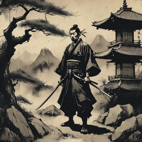 An ancient chinese painting, ancient chinese background, mountains, rivers, auspicious clouds, pavilions, sun, masterpieces, super detail, epic composition, drawing of an ancient ronnin samurai inspired by the desining of musashi miamoto ultra HD, high quality, extremely detailed, official art, unified wallpaper 8k, Super detail, 32k -- v 6