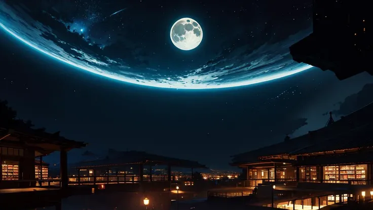 [scenario_tag landscape::-1] dramatic lighting, outer space, library, beautiful landscape, no humans, night, moon, dutch angle a perfect anime illustration, beautiful, masterpiece, best quality, perfect lighting,