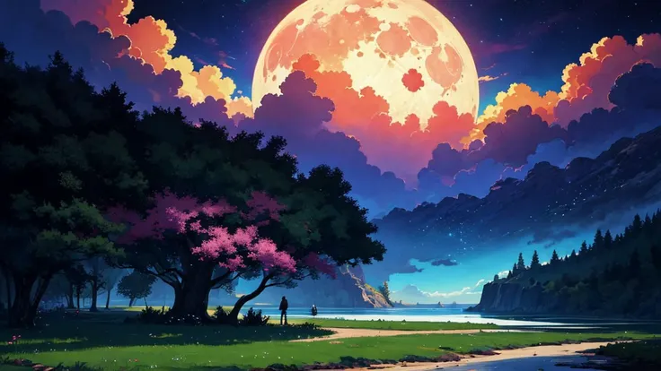 [scenario_tag landscape::-1] rainbow, colorful, bright, saturated colors, high fantasy, park, beautiful landscape, no humans, front view, moon a perfect anime illustration, beautiful, masterpiece, best quality, perfect lighting,