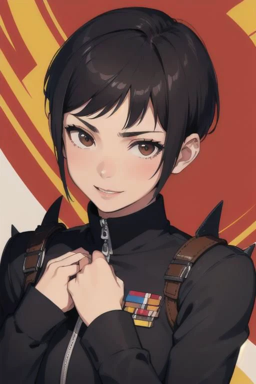 spiky bald hairstyle, short hair, mexican skin, gloves, uniform military, 1girl ,dark black hair, ((hair cut super short,)), soft Brown eyes, smile lips,