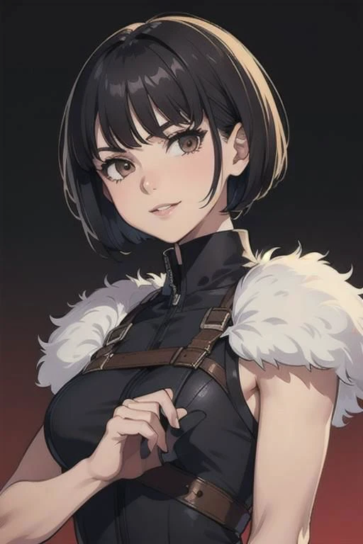 spiky bald hairstyle, short hair, mexican skin, gloves, uniform military, 1girl ,dark black hair, ((hair cut super short,)), soft Brown eyes, smile lips,