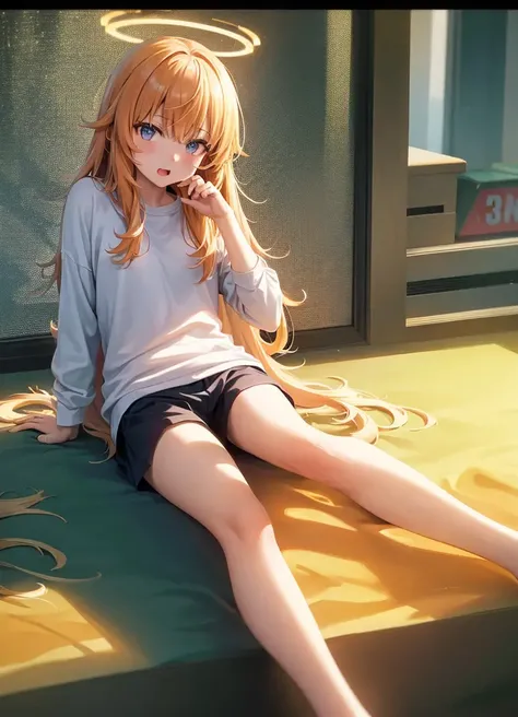 tenma_gabriel, on_stomach, lying, solo, computer, laptop, barefoot, head_rest, hand_on_own_cheek, open_mouth, hand_on_own_face, the_pose, (halo),
((8k, RAW photo, highest quality, masterpiece), High detail RAW color photo professional close-up photo, (realistic, photo realism:1. 37), (highest quality) <lora:gabriel_v1:1>