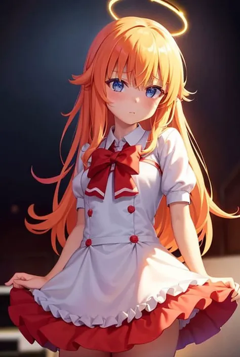 tenma_gabriel, 1girl, solo, red_bow, (halo), angle, white dress, unhappy, closed mouth, boring,
((8k, RAW photo, highest quality, masterpiece), High detail RAW color photo professional close-up photo, (realistic, photo realism:1. 37), (highest quality) <lora:gabriel_v1:1>