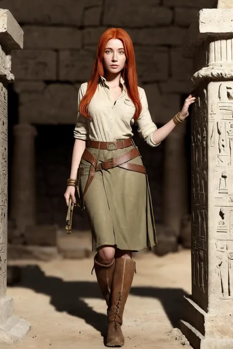 an ancient egyptian tomb. ((grave goods and sarcophagi)). an irish redhead woman experienced archaeologist . 1910. wearing khaki shirt, long skirt, leather boots.