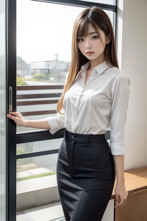 masterpiece, best quality, highres, 1girl, japanese,business casual, small breasts,sad,narrow waist,