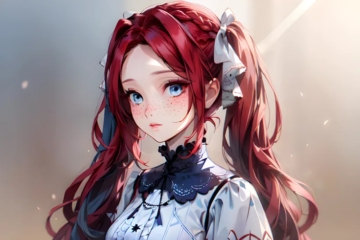 Wendy (cute woman, vertical light-blue and white stripes on a long dress, round face, blue eyes, pale skin, red freckles, long red hair, braided pigtails, blue hairbows, tall frilly collar), (MasterPiece) (Highly Detailed) (4k)