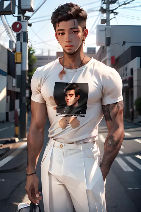 Frank Johnson (Slim young man, brown eyes, short black hair, tall, scarred face) white slacks, graphic t-shirt, (MasterPiece) (Highly Detailed) (4k)