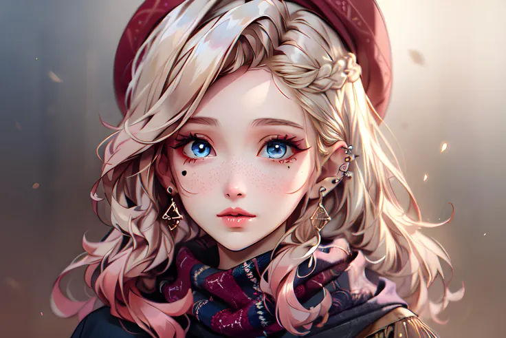 Lottie Haywood(Height 5'4", Weight 100 pounds, Blonde hair color, Blue eyes, Pale Skin tone, beauty mark on her right cheek, a piercing in her nose) Wearing Boho chic style clothes, a scarf and hat, (MasterPiece) (Highly Detailed) (4k)