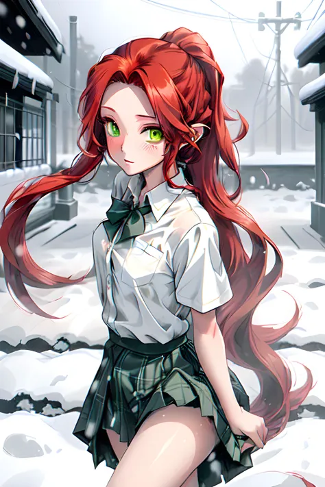 A beautiful woman(long flowing red hair in a long ponytail, green tinted eyes) wearing a school uniform(mini skirt, white button up short sleeves shirt, plaid color) outside in a snow storming, freezing