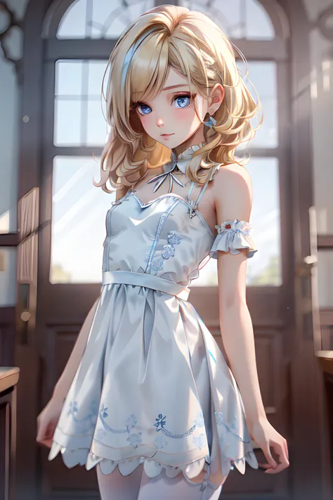 Elisa Swift (petite young woman, ice blue eyes, blonde hair, short, small breasts) blue and white frilly dress., (MasterPiece) (Highly Detailed) (4k)