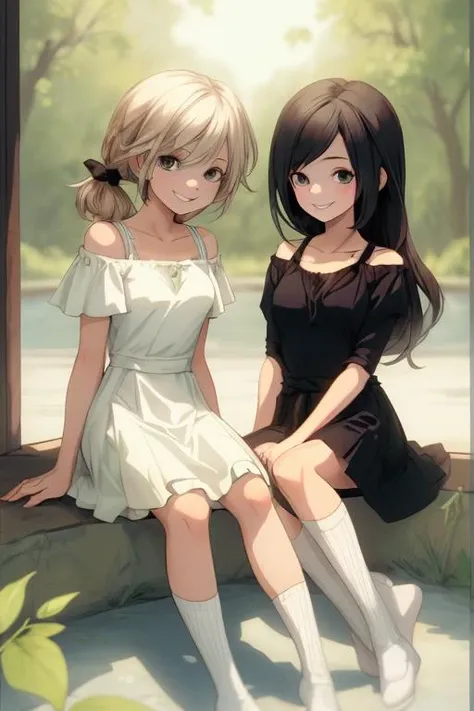 2girls smiling, sitting