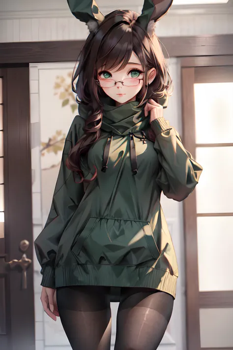 Anna (Tall petite Anthro rabbit, white furred, shy), dressed in an oversized green hoodie, black tights, brown scarf, oval black rimmed glasses., (MasterPiece) (Highly Detailed) (4k)