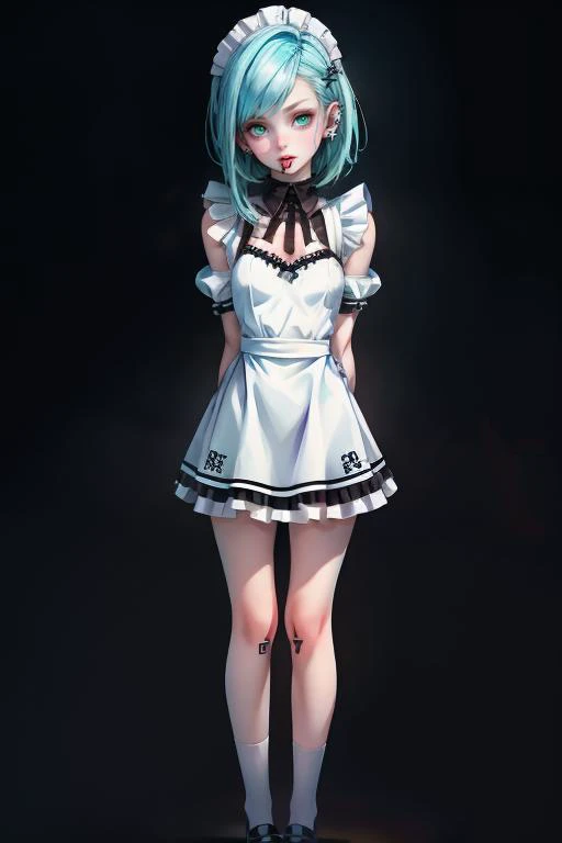 <lora:LowRA:0.5> full body portrait, photorealistic, dark theme, black background, white skin, caucasian, girl, youthful adult, college age, 19 year old, standing, arms behind back, slim, maid, minidress, apron, white shirt, cleavage, thighs, small breasts, neat hair, long black with blue highlights hair, green eyes, natural eyebrows, Icelandic, (looking at viewer, neutral expression), lip piercing, tongue piercing