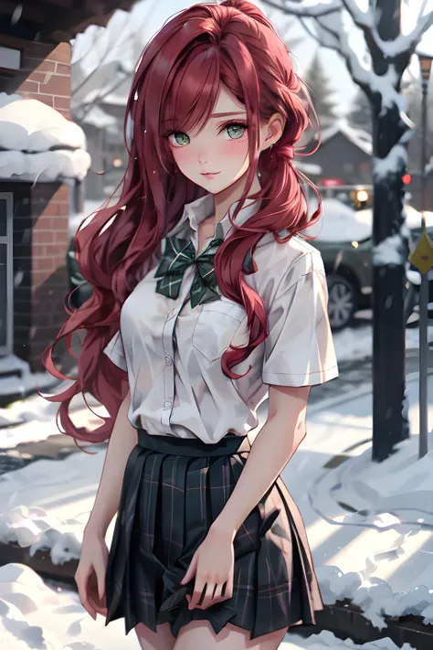 A beautiful woman(long flowing red hair in a long ponytail, green tinted eyes) wearing a school uniform(mini skirt, white button up short sleeves shirt, plaid color) outside in a strong snow storm, cold and freezing, (MasterPiece) (Highly Detailed) (4k)