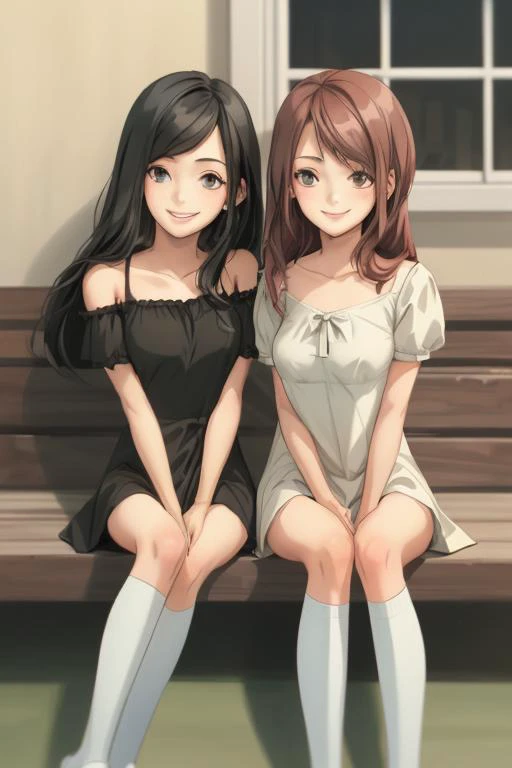 2girls smiling, sitting