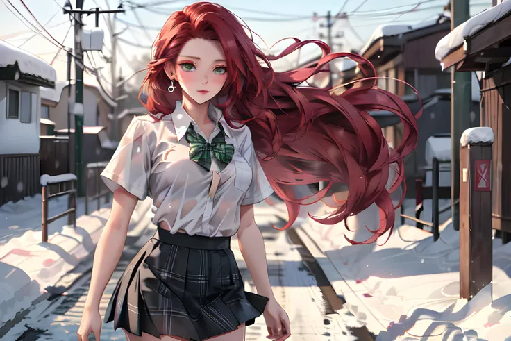 A beautiful woman(long flowing red hair in a long ponytail, green tinted eyes) wearing a school uniform(mini skirt, white button up short sleeves shirt, plaid color) outside in a strong snow storm, cold and freezing, (MasterPiece) (Highly Detailed) (4k)