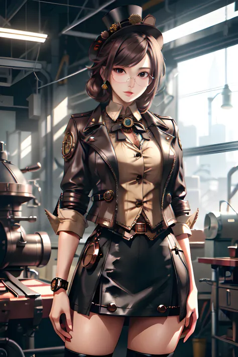 a woman in a steampunk outfit( short skirt, tophat, 1 lens glasses, buttoned shirt, leather vest) is standing in a machine shop, steampunk, enchanting, fantasy, (MasterPiece) (Highly Detailed) (4k)