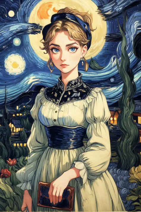 In the serene night, beneath a starry sky with billowing clouds, the full moon cast its luminous glow upon the tranquil nature scenery, creating an ethereal masterpiece. Standing in the midst of this best quality landscape is 1girl, gracefully donned in a flowing dress. She stands with an air of quiet contemplation, her gaze fixed upon the viewer, making the viewer feel the essence of impressionism brought to life. This fine art captures the magic of the night and the beauty of nature in a truly enchanting way,((best quality, masterpiece, extreme details):1.2) ((detailed eyes, detailed face):1.2), <lora:add_detail:1> <lora:backlight_slider_v10:1> <lora:eye_size_slider_v1:2> <lora:eyebrows_slider_v2:3> <lora:age_slider_v2:1> <lora:Painting:1>