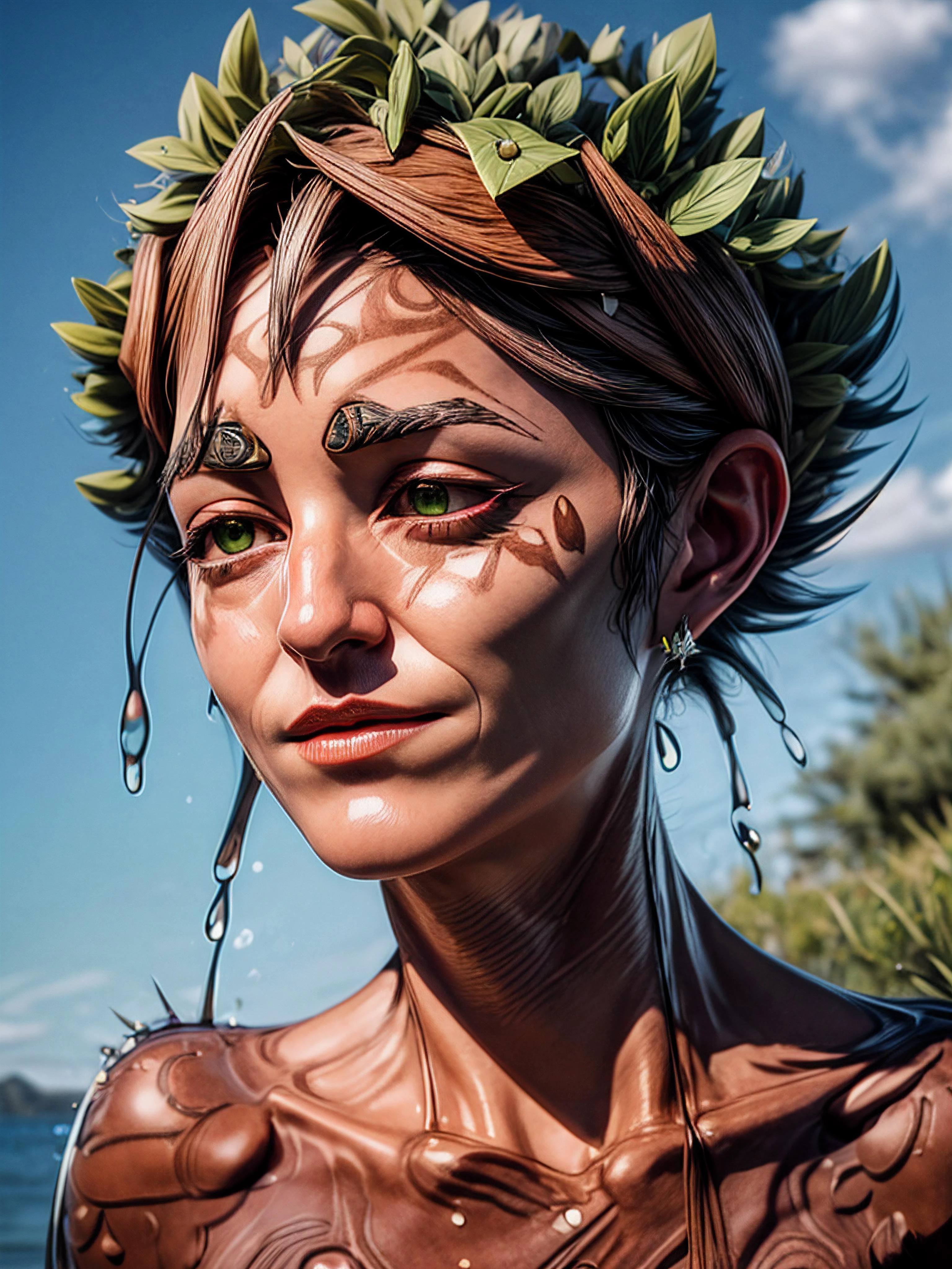long shot scenic professional photograph of (1girl,(ornate fantasy marked skin:1.6)), (ornate:1.3) epic breasts, (ornately engraved embossed:1.4) (polished:0.4) (wooden skin:1.2),( sprouting leaves, small twigs:0.3), dewy skin, sweaty skin, (nice floral hair:0.6), stoic guardian pose, (Spriggan druid priestess:1.1), full body, light green eyes, pink lips, water magic, wooden jewellery, <lora:xl_yamer_style-2.0:1> <lora:theTalosProject_v11:1> <lora:babes_20:0.6> <lora:add_detail:2> <lora:SDS_Particle_Flow:0.2> SDS_Particle_Flow <lora:tranzp-sdxl:0.8> tranzp <lora:age_slider_v2:5> <lora:breastsizeslideroffset:-0.8> <lora:watce-sdxl:0.7> watce <lora:Spriggan:1>, druids grove, <lora:Loraeyes_V1:0.3> loraeyes, <lora:zoom_slider_v1:-6>, RAW candid cinema, 16mm, color graded portra 400 film, remarkable color, ultra realistic, textured skin, remarkable detailed pupils, realistic dull skin noise, visible skin detail, skin fuzz, dry skin, shot with cinematic camera, perfect viewpoint, highly detailed, wide-angle lens, hyper realistic, with dramatic sky, polarizing filter, natural lighting, vivid colors, everything in sharp focus, HDR, UHD, 64K