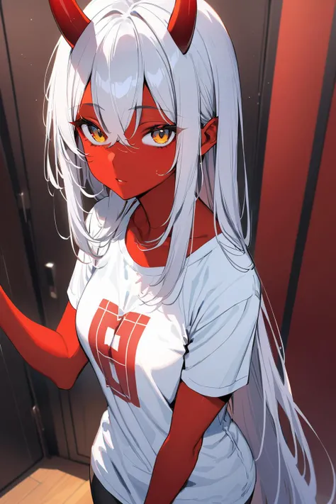 <lora:AkumiV3:1>, <lora:age_slider_v2:1>,
1girl, sexy, beautiful woman, perfect face, perfect eyes,
colored skin, hair between eyes, horns, jewelry, long hair, red oni, (red skin:1.3), white t-shirt, t-shirt, very long hair, white hair, yellow eyes,
looking at viewer, wide angle view,
masterpiece, best quality