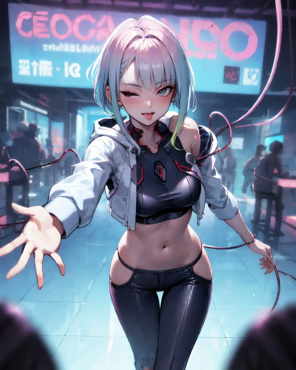 masterpiece, best quality, absurdres, (cables connected mecha clothes:1.2), (cyberpunk, neon lights:1.2), lu1 <lora:lucy_(cyberpunk)_v10:0.7>, cyborg, multicolored hair, makeup, (grey eyes), <lora:age_slider_v2:0.45>, medium breasts <lora:breastsizeslideroffset:0.1>, BREAK (open jacket, neon hoodie jecket), neon sport bar, midriff, (slender:0.7), collarbone, (linea alba:1.2), (abs:0.75), navel, <lora:anti_longtorso_v10:0.55>, navel, running pants, , hologram, looking at viewer, (detailed eyes, tsurime:1.1) <lora:Tsurime:0.75>, <lora:ddw_v1:0.75> wink, one eye closed, playful smile, (tongue out:1.2), nice hands, perfect hands, Beautiful Finger, <lora:GoodHands-vanilla:1>,
BREAK <lora:cyberpunk-v1.5-nai-9ep-resize:0.8>, (cyberpunk, neon trim, neon lights:1.2), neon city, holographic interface, hologram, (neon cables:1.3), (Deep Depth Of Field:1.2), (perfect anatomy), Volumetric Lighting