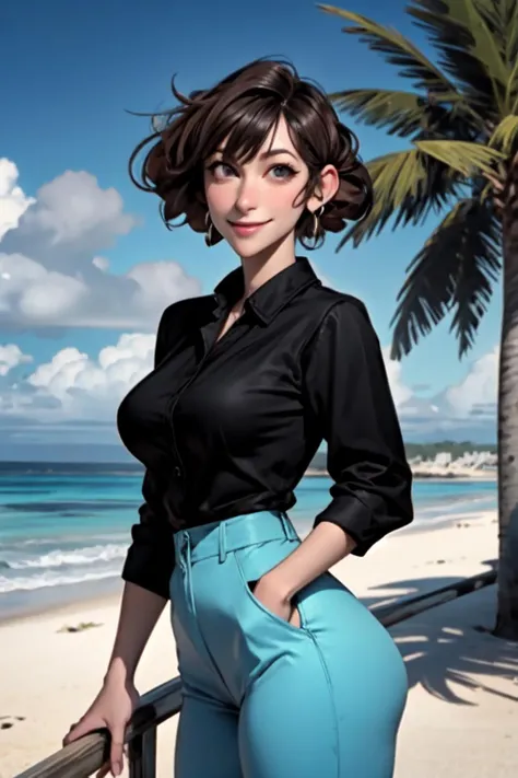 (smiling),masterpiece, best quality, blue eyes,1girl, bangs, blue_eyes, breasts, cowboy_shot, looking_at_viewer, medium breasts, solo , highly detailed, 1girl, solo, cowboy, beach, island, palm tree, waves, towel, smile,illustration,<lora:age_slider:3> <lora:Nohara_Misae_v1.2:0.7>nohara misae, short hair, pants,(black hair),(black eyes:1.5)