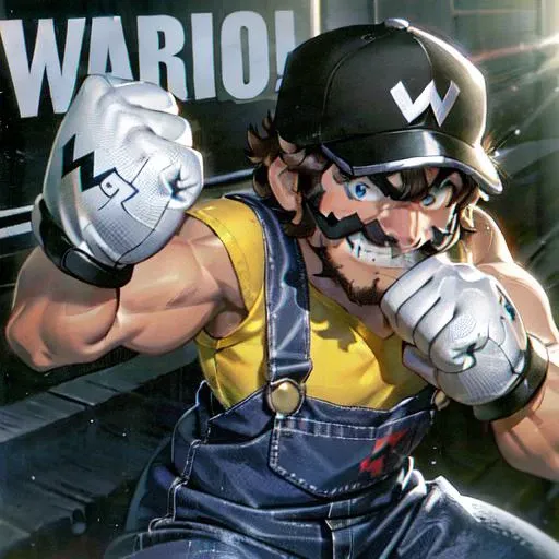 1boy, solo, mustache, gloves, grin, facial hair, yellow shirt, black overalls, brown hair, white gloves, hat with the letter "W" on it, fighting stance, fists