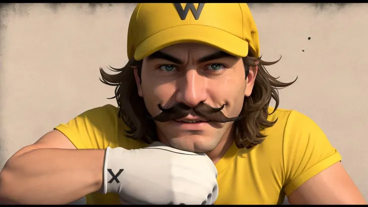 <lora:Wario:0.8>, 1boy, solo, mustache, gloves, grin, facial hair, yellow shirt, brown hair, white gloves, hat with the letter "W" on it