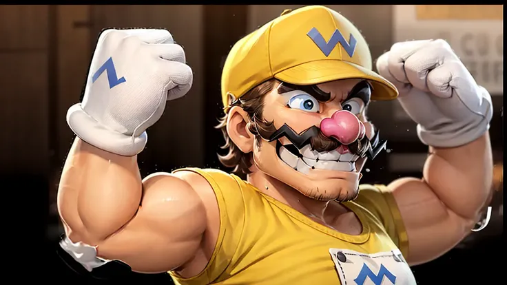<lora:Wario:0.8>, 1boy, solo, mustache, gloves, grin, facial hair, yellow shirt, brown hair, white gloves, hat with the letter "W" on it